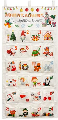 2024 Adventskalender zum Befüllen Stoff, Weihnachtskalender Adventskalender zum Aufhängen, Adventskalender Wandteppich Wiederverwendbar 50x105cm mit 24 Taschen