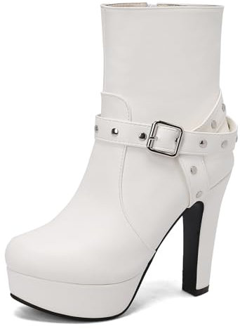 Renessmi Tacco a Blocco Punta Rotonda Donna Stivaletti con Cerniera Moda Fibbia Super Tacco Alto Plateau Stivali da Equitazione Footwear Bianco Numero 39 EU-40 Cn