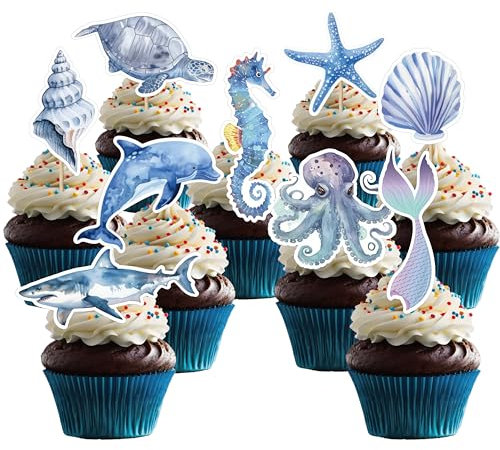 Tortendeko Geburstagstorte, Happy Birthday Kuchendeko,für Babyparty Jubiläen Geburtstag Party Dekoration (Ozean-32 Stück)