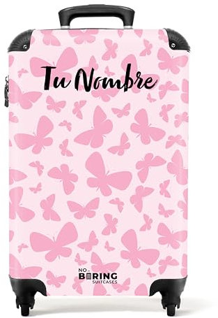 NoBoringSuitcases.com Kinderkoffer Mädchen, Koffer Personalisiert, Koffer Kinder Mädchen, Reisekoffer Klein, Kindertrolley, Cabin Trolley, Handgepäck 55x40x20 cm (Rosa Schmetterlingsmuster - Hellrosa)