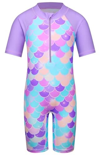 HUAANIUE Filles Maillot de Bain 1 Pièce 2-12 Ans, Anti-UV UPF 50+ Manches Courtes, Fermeture Éclair Frontale, Imprimés Colorés, Idéal pour Plage et Piscine (S459-Écailles Violettes, 5-6 Ans)