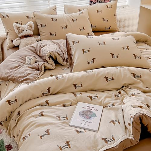 Sedefen Bettwäsche 135x200cm 4teilig Dackel Beige Braun Wendebettwäsche Set Wursthund Dackel-Motiv Microfaser ÖKO-TEX Bettwaren-Sets, 2 Bettbezug mit Reißverschluss und Kissenbezug 80x80cm