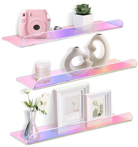 wooshwa Estante Baño Estanteria de Pared Pequeña Baldas Baño Pared 40cm 4 mm de Grosor Acrílico con Tornillos para Dormitorio, Cocina, Salón - Iridiscente