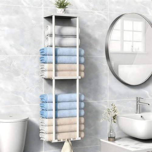 Towel Rack Wall Mounted 3-Tier Metal Heavy Duty Towel Holder for Rolled Towels Storage for Small Bathroom Organizer RV Camper Toilet,Black,31.5x 7.8 x 5.5Inches, White