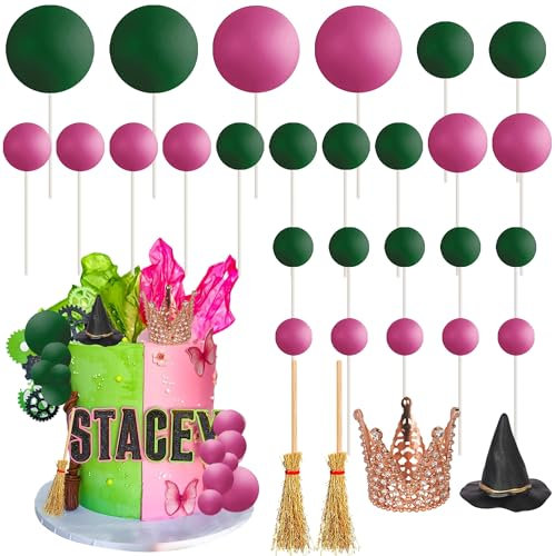 SYKYCTCY 29 Pack Witch Hats Cake Topper Glitter Pink Green Balls Cake Pick Crown Cake Decorations for Magic Witch Wizard Theme Baby Shower Kids Birthday Party Wedding DIY Crafts Supplies