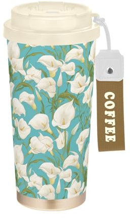 Retro Lilie, Reisebecher mit Deckel, Edelstahl, Thermobecher für heiße und kalte Getränke, 482 ml, hellblau