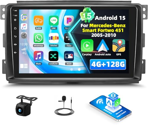 4+128G Android 15 Radio para Mercedes-Benz Smart Fortwo 451 2005-2010 Pantalla Radio Coche 9 Pulgadas con CarPlay inalámbrico Android Auto Bluetooth GPS WiFi FM/RDS SWC 32EQ Cámara de Visión Trasera