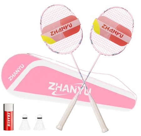 Badmintonschläger-Set, 82 g, leichte Kohlefaser, einteilig, geformt, langlebig, professionelle Qualität, inklusive 2 Schläger, 2 Federbälle und 1 Balltasche (021-pink)