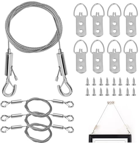 Elyyapt 4 PCS Picture Hanging Wire 2mx1.5mm Picture Hanging Cord Mirror Hanging Kit Heavy Duty Stainless Steel Wires Rope with D Rings Hangers Screws for Potted Plants Curtain Photo Frame, Up to 60lbs
