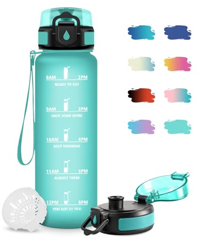 JAPORIA Trinkflasche 500ml, Auslaufsicher, Motivierende Trinkflasche mit Zeitmarkierung, Kohlensäure Geeignet, Wasserflasche kinder mit Filter, Wasserflasche für Radfahren, Camping, Büro, Wandern