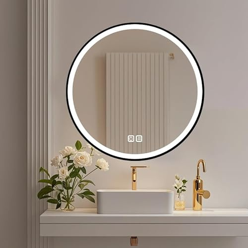 HIGHBATH LED Bathroom Mirror with Lights, Round, 50cm, Black Frame, Anti-Fog, 3 Color Temperature, Dimmable, Waterproof, Tempered Glass