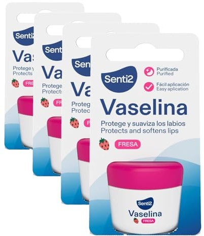 Senti2 Vaselina Labial con Fresa, Protector y Suavizante de Labios, Fácil Aplicación 20 ml (Paquete de 4)