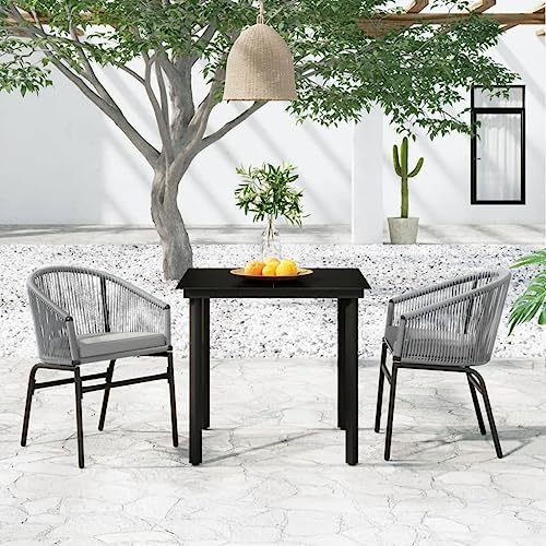 Tonture 3-TLG. Garten-Essgruppe Grau, Outdoor Möbel Set mit Glastisch, 2 PVC Rattan Stühlen, Kissen, Balkonmöbel für Terrasse, Patio, Exterior, Essbereich