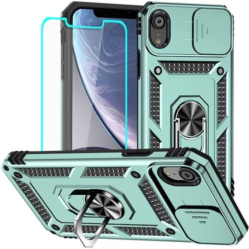 Yiakeng for iPhone XR Case with Screen Protector: [Military Grade 20ft. Drop Tested] Slide Camera Cover Ring Shockproof Protective Phone Case for - iPhone XR (Dark Green)