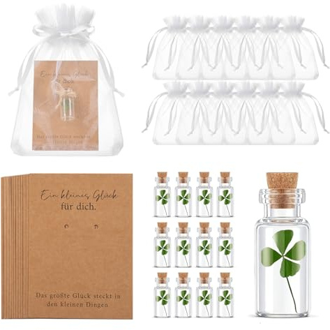 12 Sets Glücksbringer Geschenke Echtes vierblättriges Kleeblatt im Glas, Kleiner Wunscherfüller, Dankeschön Geschenke, Hochzeit Geburtstag Geschenke für Kollegen Freunde (Vierblättrigem Kleeblat)