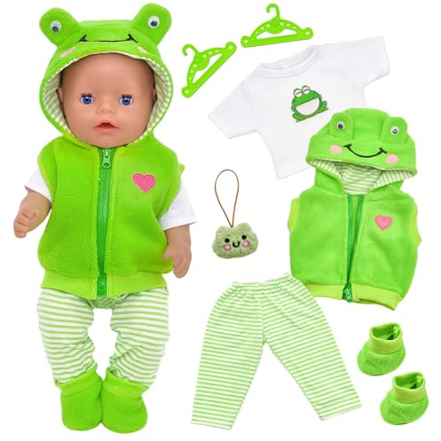 Zouonou Baby Puppen Puppenkleidung 43 cm, 7-teiliges Outfit mit Weste +Oberteil +Hose +Socken +Ornament +2 Kleiderbügel Kleiner Frosch-Motiv Babypuppe Kleidung für 14-18 Zoll Puppen(Ohne Puppe)