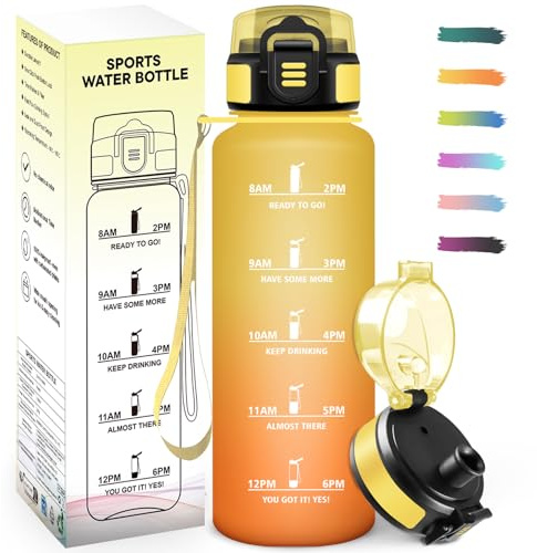 Mulbijeo Gourde 1,5L, Étanche & Portable, Gourde Sport, Réutilisable, Bouteille, Échelle de Temps et Slogans de Motivation, Bouteille D'eau Sport pour Salle de Sport, Travail, Camping, Randonnée