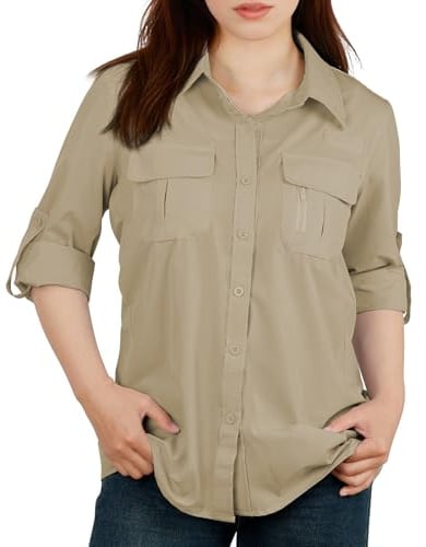 BSBUY Women's UPF 50 Shirts Ladies Safari Sun Shirts Quick Dry Fishing Hiking Shirts Lightweight Outdoor Tops Button Up Outfits Blouses with Pockets Long Sleeve UV Protection Shirt Blouses