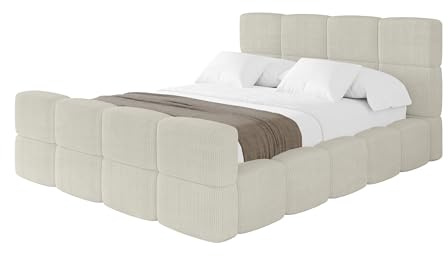 ALTDECOR Polsterbett mit Bettkasten und Lattenrost, Bett mit Matratze H3/H4, Kopfteil, Boxbett, Doppelbett mit Stauraum - NATA-Z 160x200 Creme