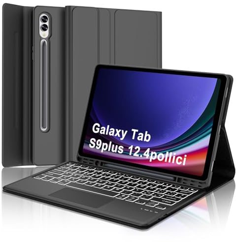 Custodia Tastiera Per Samsung Galaxy Tab S10 Plus / S9 Plus 12.4 Pollici | Cover Bluetooth Retroilluminata Italiano Tastiera Per Samsung Galaxy Tab S10+/S9 FE+ 12.4 Pollici con Touchpad, Nero