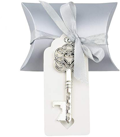 Makhry 50 Stücke Vintage Schlüssel-Flaschenöffner Hochzeit Schlüssel Skelett Schlüssel Flaschenöffner Hochzeitsgastgeschenke Set mit Kissenboxen und Etikett(Antikes Silber)
