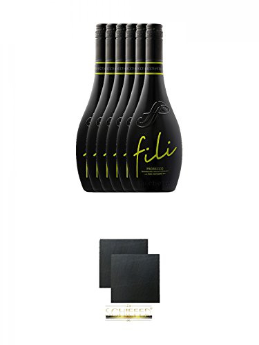 Sacchetto Fili Prosecco DOC Vino Frizzante 6 x 0,75 Liter + Schiefer Glasuntersetzer eckig ca. 9,5 cm Ø 2 Stück