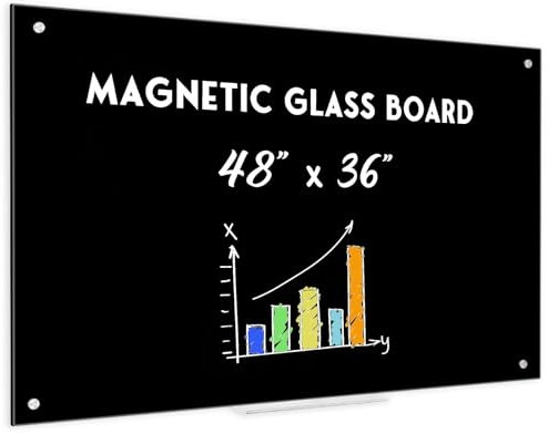 QUEENLINK Grand tableau blanc magnétique en verre effaçable à sec pour mur, 121,9 x 91,4 cm, grand tableau magnétique en verre noir avec 1 plateau de marqueurs et 3 aimants pour bureau, maison, salle