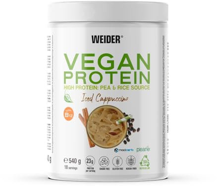 Weider Vegan Protein (540g) Gusto Cappuccino. Proteine Vegane 23g/dose isolate di piselli e riso, Con Vitamina B12 e Stevia, Senza Glutine, Senza Zucchero, Contenitore 50% Riciclato, 100% Riciclabile