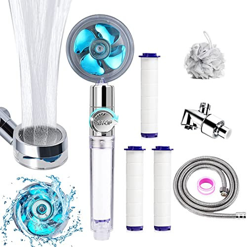 Besititli Turbocharged Shower Head With Handheld Hydrojet, Transparent Design, 360° Rotating, 3-Setting, Includes Shower Head, 59inches Hose, Bracket, 2 Extra Filters, Transparent-Blue Finish
