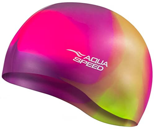 Aqua Speed BUNT Badekappe + Kleines Mikrofaserhandtuch | Damen & Herren | Bademütze Silikon | bunte Badehüte für Kinder Erwachsene | wasserdichte Schwimmhaube | Badehaube, Kappen Designs:65. Bunt / 32