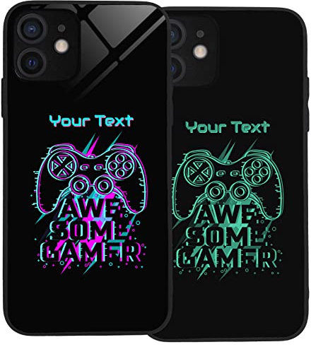 Personalised Case for iPhone 12 Mini, Slim Anti Scratch Glass panel with shockproof TPU Rims | Glow in the Dark Case | Custom Phone Case-Awesome Gamer
