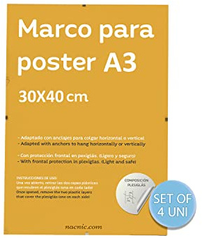 Nacnic - Pack 4 Clips Marcos Cristal Transparente Sin Bordes | Protección y Expositor de Fotografías, Grabados, Afiches y Decoración para Salón, Dormitorio u Oficina | 30x40cm