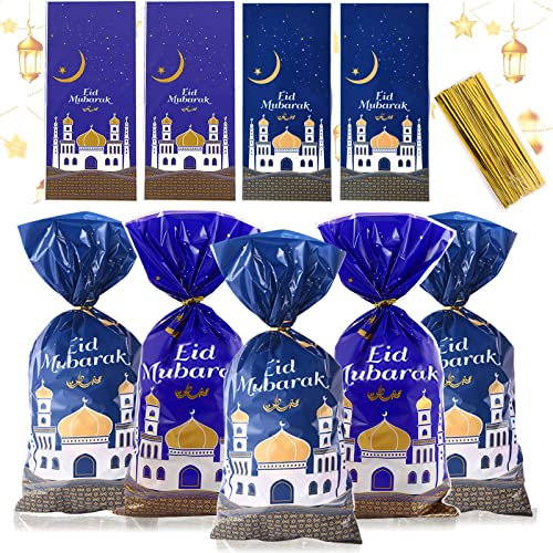 100 Stück Eid Mubarak Partytüten Geschenktüten, Ramadan Thema Bedruckt Muster Geschenktasche Zellophan Klar Kunststoff Goodie Tasche mit 100 Gold Twist Krawatten zum Befüllen Geschenkverpackung (B)