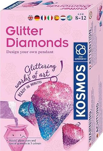 Kosmos 617189 Glitter Diamonds, Sparkling Jewellery Pendants, with Casting Moulds, Jewellery Ribbons, Granules in 3 Colours, Experiment Set for Children from 8-12 Years, Multilingual
