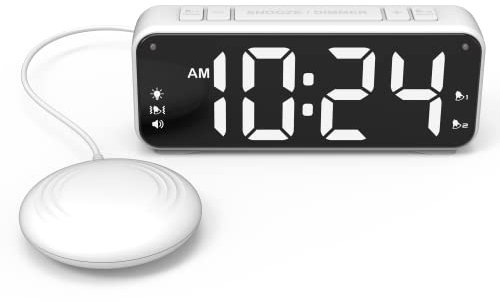 Extreme Powerful Vibration Alarm Clock + Extra Loud Alarm for Heavy Sleeper/Deaf/Hearing Impaired, Extra Large Display for Elderly with Dual Alarm, Snooze and 5-level Adjustable Brightness (WHITE)