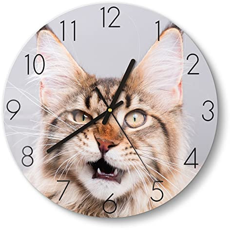 DEQORI Glasuhr | rund Ø 30 cm | Motiv Maine Coon Katze faucht | ausgefallene leise Design Uhr aus Glas | Wanduhr für Wohnzimmer & Küche | moderne Hingucker Uhr für die Wand