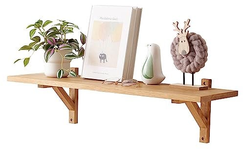 TREOAKWIS Schweberegal Eiche - 80cm Wandregal Holz Dekorative Regal Wandboard Eiche Massiv 2 Dreieck Halterungen für Schlafzimmer, Wohnzimmer, Flur