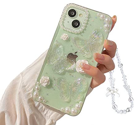Ownest Handyhülle Kompatibel iPhone 14 Hülle Flash Schmetterling Blume Transparent Design Aesthetic Frauen Mädchen Glitzer Kristall mit Süßes Chain Weiche Case + Perlenkette