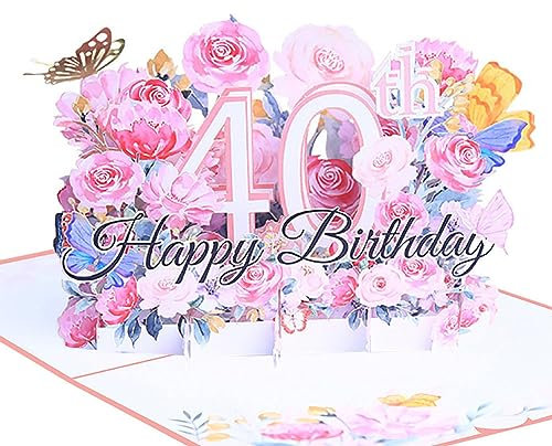 Geburtstagskarte zum 40. 3d blume pop up geburtstag karte Grußkarten Geschenk-Karte mit Umschlag Happy Birthday Greeting Card für vierzig 40 jahre frau, Mütter, Freunden, Familie women wife (Rosa)