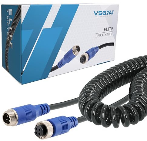 VSG24 Spiral Verlängerungskabel Elite für Rückfahrkamera & Rückfahrsysteme universell KFZ Kamera Kabel 4PIN / Polig für LKW Anhänger Traktor Wohnwagen Trailer Kabel & Wetterfest IP67-3 Meter