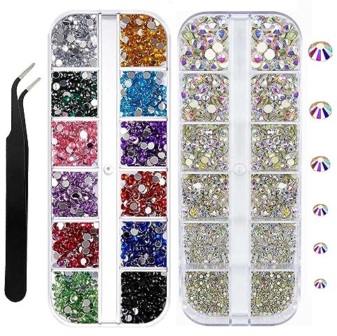 Lot de 2640 strass en cristal pour nail art, cristaux AB et diamants blancs, paillettes brillantes, décorations pour ongles avec pincettes