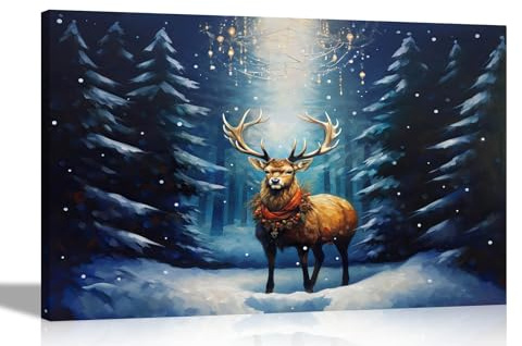 Artley Prints - Magisches Rentier im Wald, Leinwand-Kunstdrucke, Heimdekoration, Weihnachten, gerahmte Bilder, buntes Gemälde, Nachdruck, 60 x 40 cm, A2