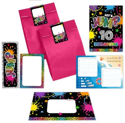 12 Einladungskarten zum 10. Kindergeburtstag Mädchen Jump Trampolin Einladungen zehnte Geburtstag incl. 12 Umschläge, 12 Tüten/pink, 12 Aufkleber, 12 Lesezeichen, 12 Blöcke, 12 Schiffe versenken