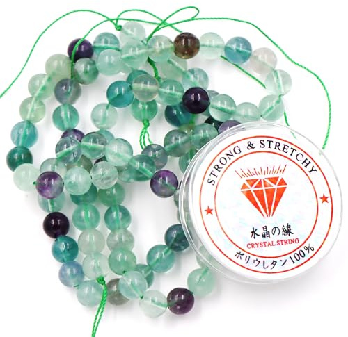 Fukugems Perlen mit Stretch-Kordel für Schmuckherstellung lose Steinperlen für DIY Energiestein Heilkraft Armband 8mm=96 Stücke und 1 Roll Cord Rainbow Fluorite 8mm