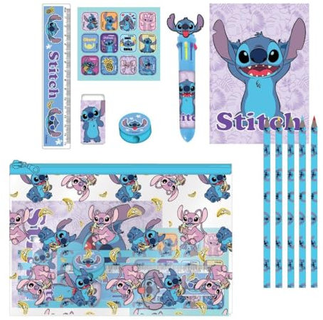 Set de papeterie Stitch Inspired - Bleu - 22 X 14 X 0,5 cm - Comprend des crayons de couleur, un stylo multicolore, une règle, une trousse à crayons et plus encore - Produit original conçu en Espagne