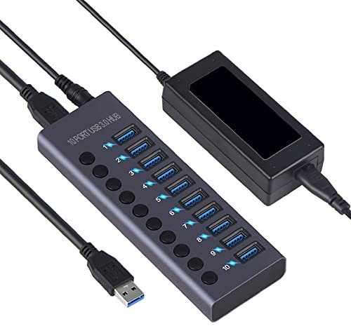VBESTLIFE Hub USB 3.0 con Alimentación, 10 Puertos Adaptador Multipuertos USB de 60 W Carcasa de Aleación de Aluminio Estación de Acoplamiento USB 3.0 con Interruptores de Alimentación LED