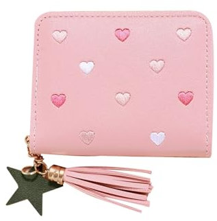 CLKE Porte Monnaie Fille en PU Cuir,Portefeuille Femme Mignon avec Pendentif,4 Emplacements Cartes,2 Sac à Monnaie,1 Poche à Fermeture Éclair,Moins de 10 Euros,Rose Clair