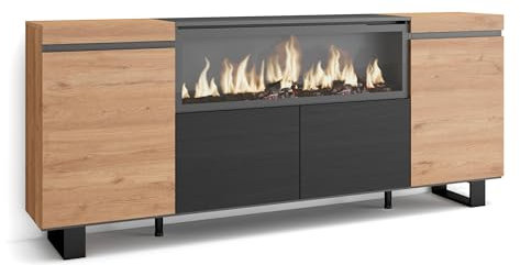 Skraut Home | Sideboard, Highboard | Kommode, Komodenschrank | 210 | 4 Türen | Elektrokamin XXL | Industriedesign | Moderner Stil | Eiche Schwarz