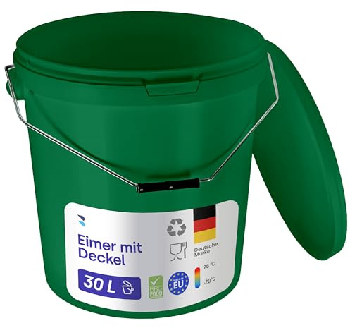 BenBow Bucket with Lid, 30l, Green, 1 x 30 Litres - Food-safe stable airtight leak-proof odourless - plastic storage container with metal handle - crack-resistant handle - empty - perfect for home