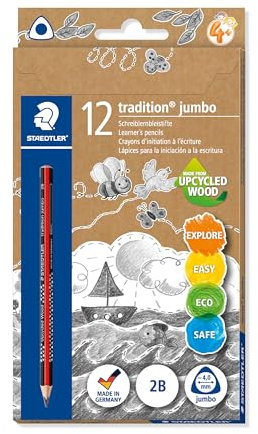 STAEDTLER jumbo 1285 Schreiblernbleistift, Made from Upcycled Wood, Rutschfeste Soft-Oberfläche, Made in Germany, Einzelprodukt 2B, Faltschachtel, 12 Bleistifte, 1285-0